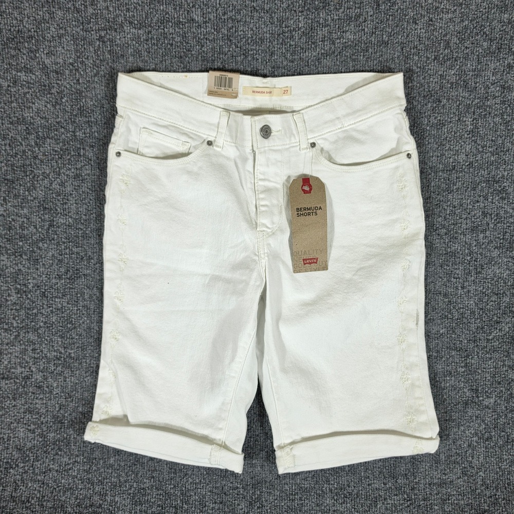 NWT Levis Women White Bermuda Shorts Size 4 27 Mid Rise Embroidered Floral Denim